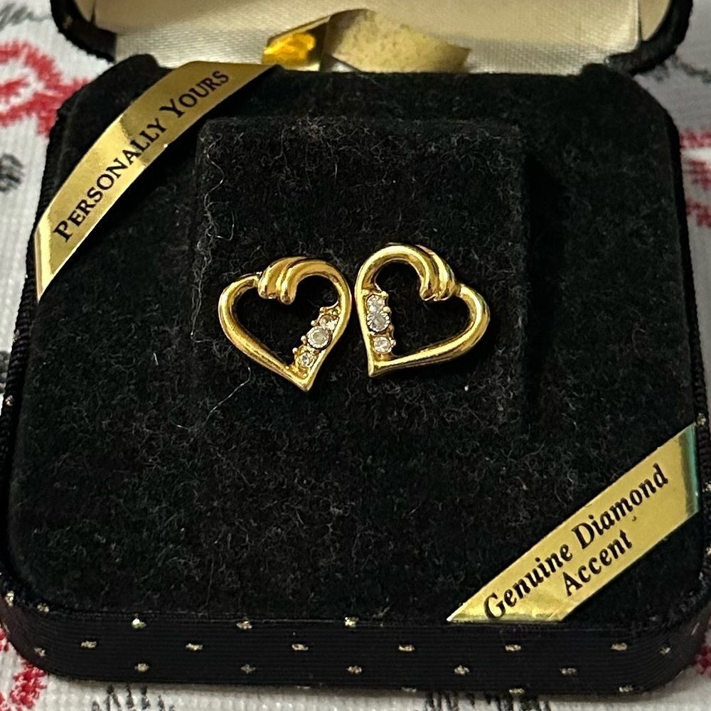 Heart Shaped Genuine Diamond Accent Gold Layered Earrings New in Box